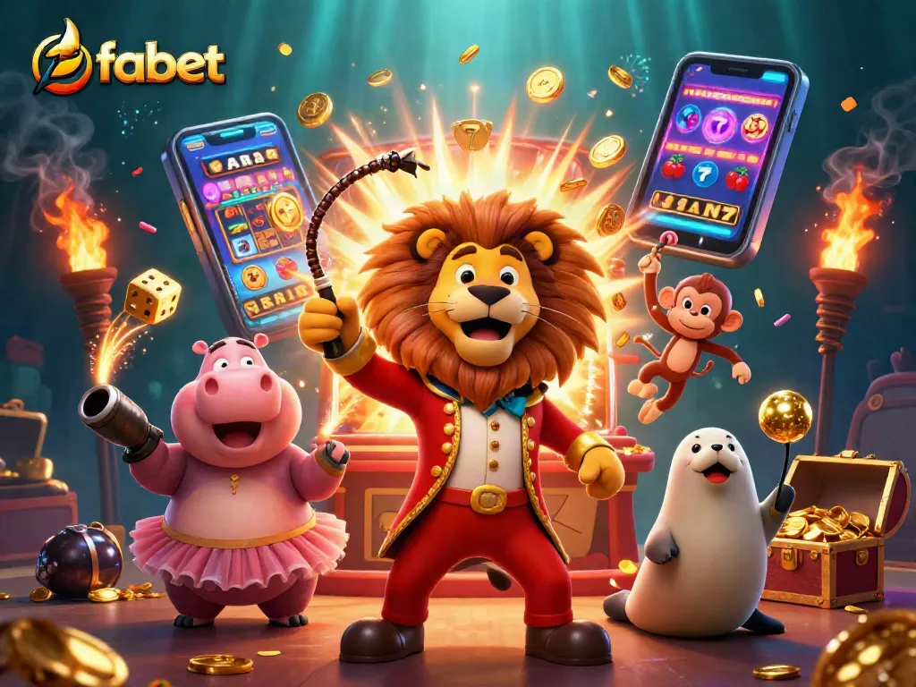Experience exciting gaming at fabet with circus-themed characters and dynamic casino elements.