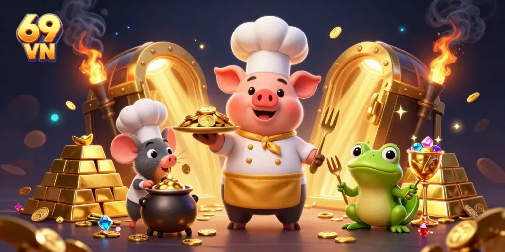 Experience exciting wins at 69 VN with a vibrant casino-themed 3D illustration of playful characters and gold treasures.