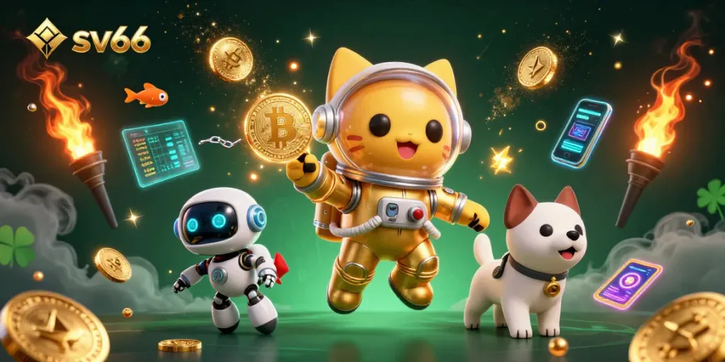 Play exciting games at sv66 with a space-themed 3D scene filled with crypto coins and playful characters!