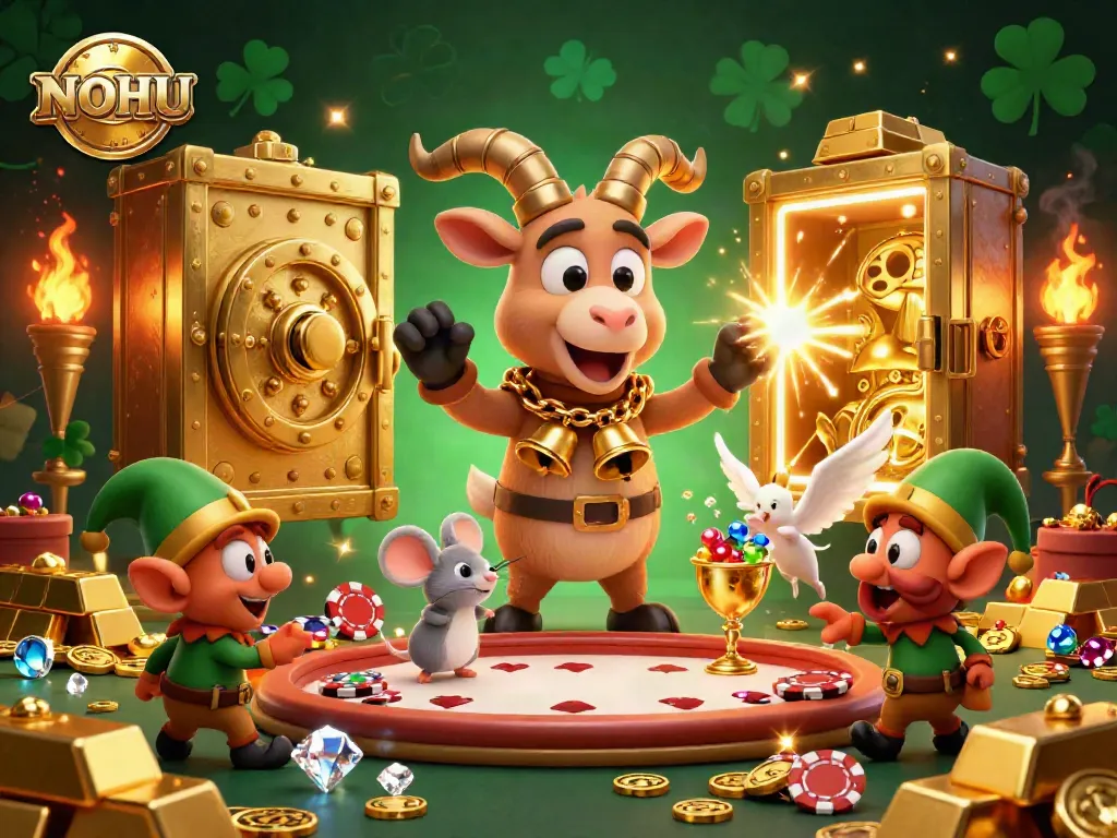 Engage in the vibrant NOHU casino scene as Krampus oversees gaming, while elf gremlins steal poker chips, glowing treasures surround them.
