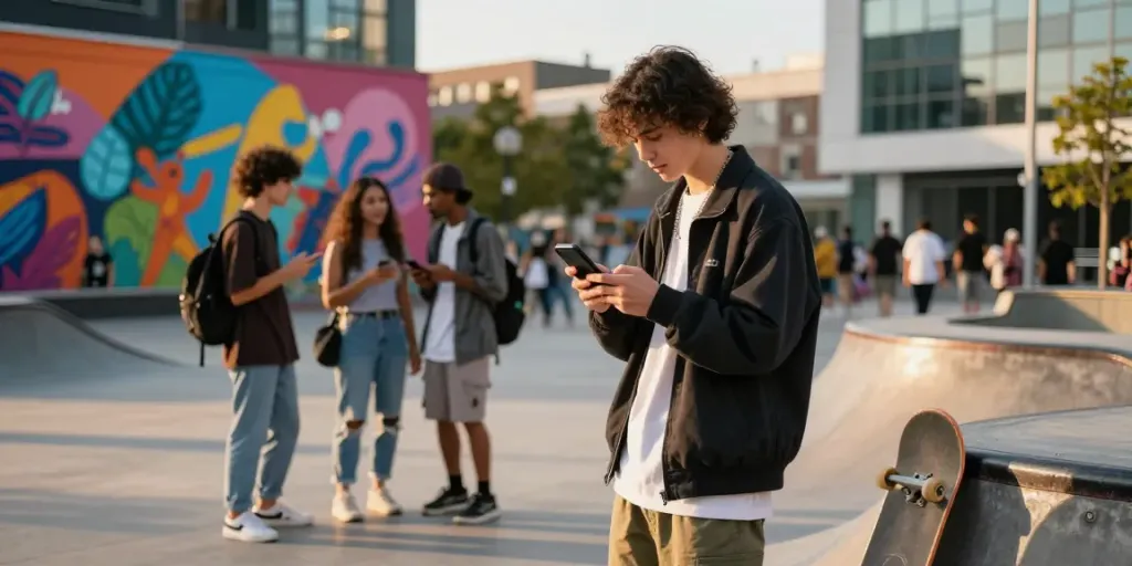 Young trendsetter in peh888 streetwear engaging with friends in a vibrant urban setting.
