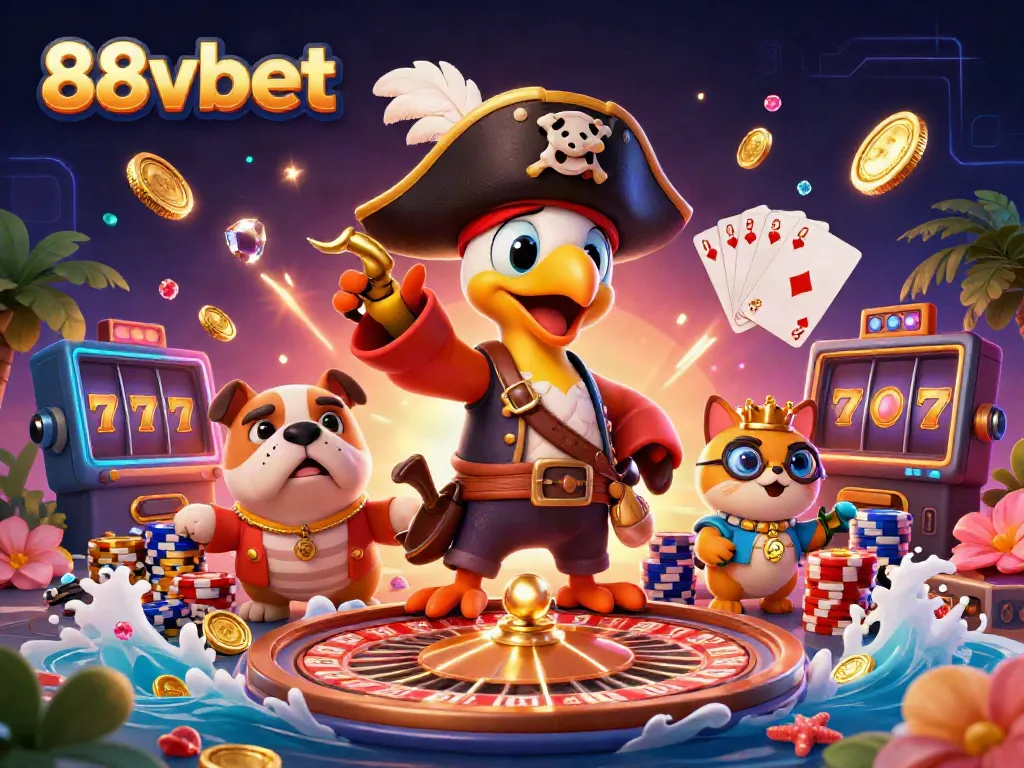 Experience the lively 88vbet 3D casino scene with pirate characters, coins, and gameplay elements.