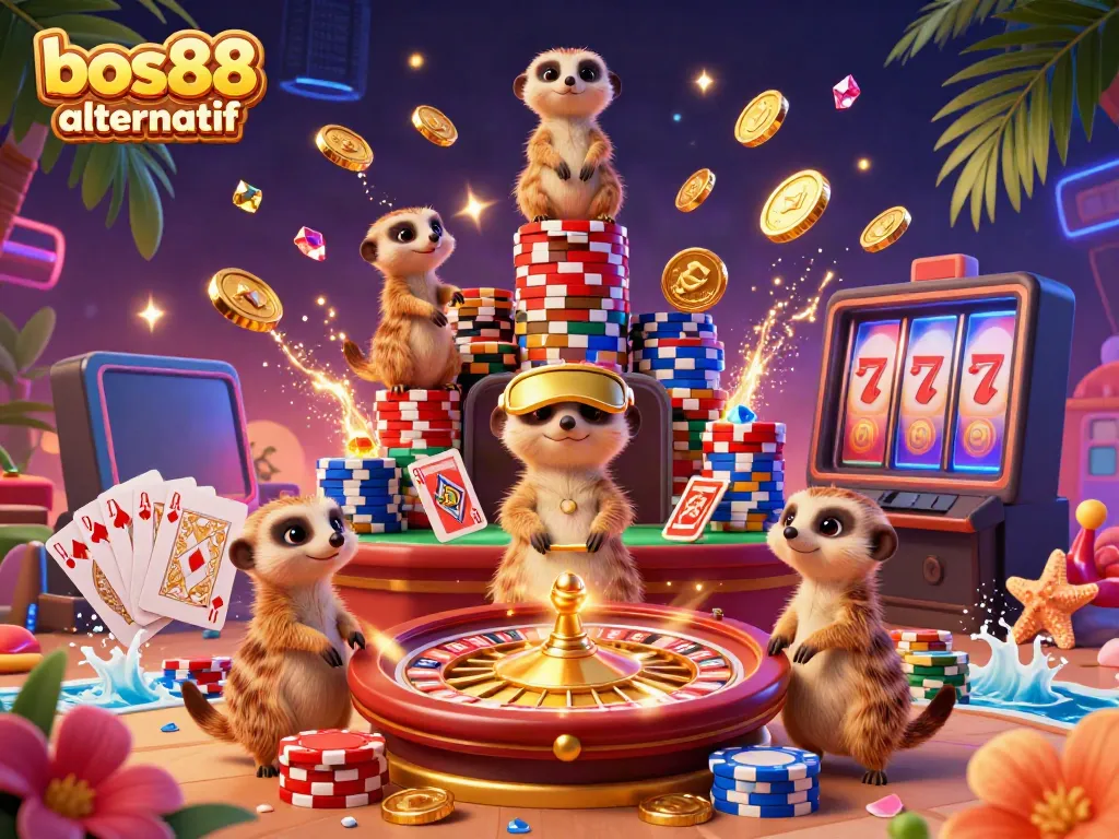 Experience the excitement of bos88 alternatif with meerkats orchestrating a lively casino scene filled with coins and vibrant game elements.