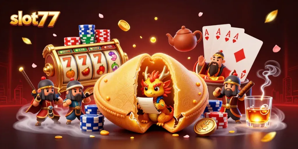 Putaran slot777 dengan elemen jackpot dan simbol keberuntungan dalam ilustrasi 3D yang menarik.