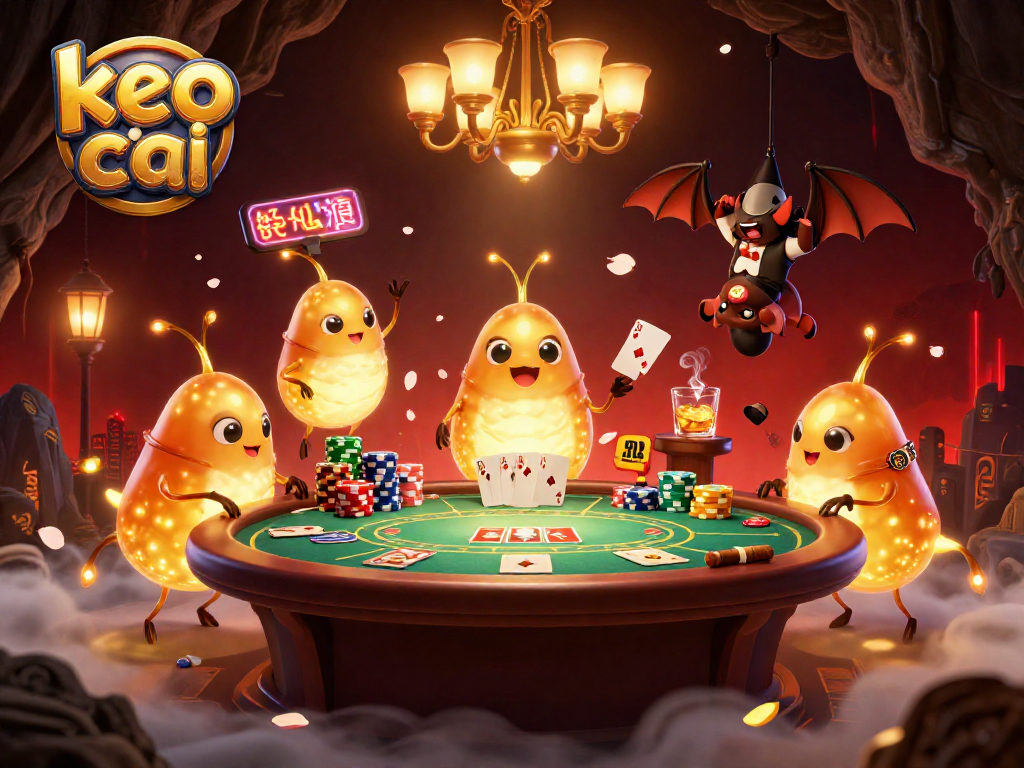 Engaging keo nha cai gameplay scene showcasing glowworms in a cave casino with vibrant poker elements.