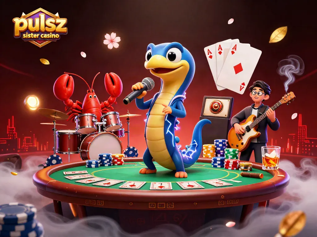 Engaging scene at pulsz sister casino showcasing a DJ electric eel, lobster drummer, and seahorse guitarist.